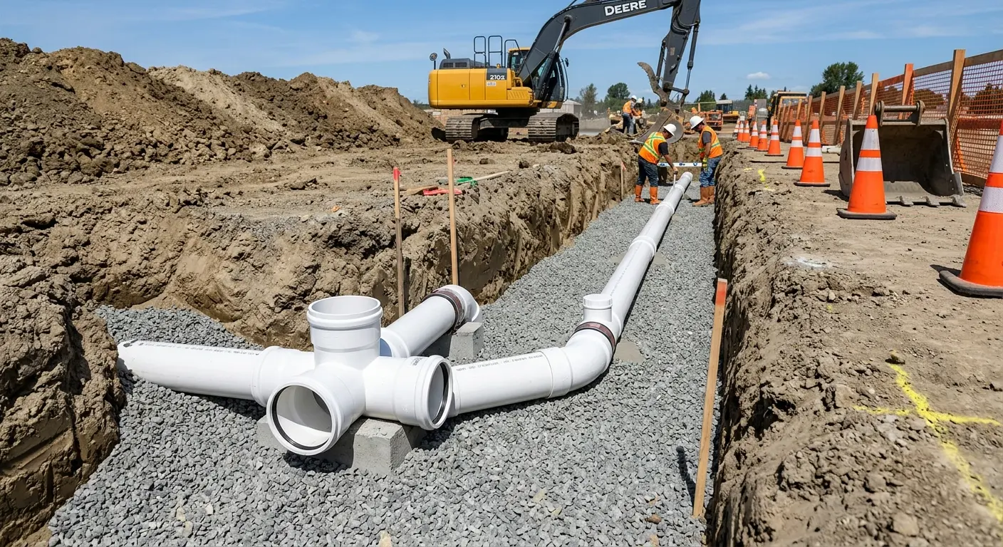 New PVC sewer pipe installation in open trench for Sewer Backup in Imperial Beach