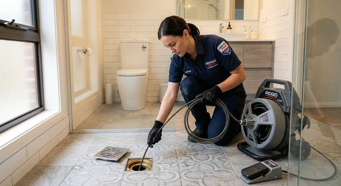 Technician clearing a bathroom floor drain for Hydro Jetting in Imperial Beach